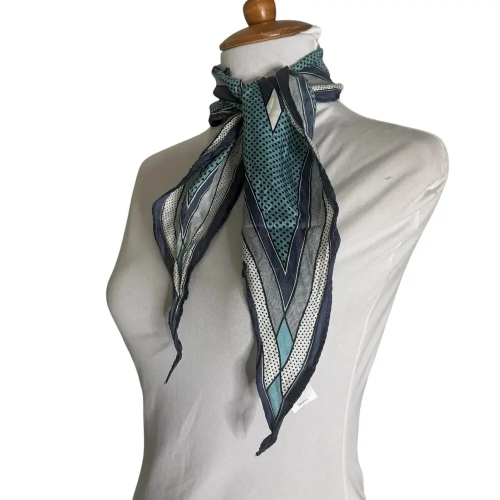 Vintage Silk Scarf Aqua Navy Geometric Polka Dot Square Neck Hair Scarf